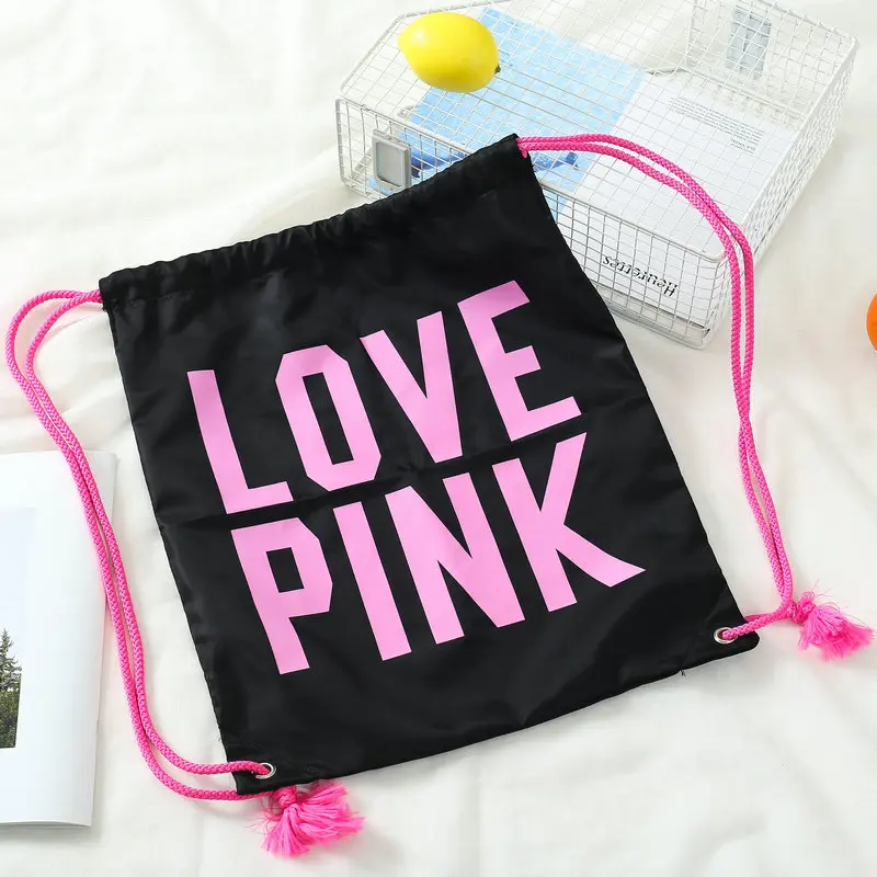 

VS PINK Backpack Black Bag Drawstring Zipper Pocket Tote Duffle Gym