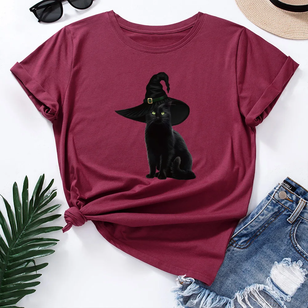

Graphic T Shirts for Women Cotton Short Sleeve Tee Black Cat with Hat Halloween Female Shirt Tops Summer Casual Clothes Gifts