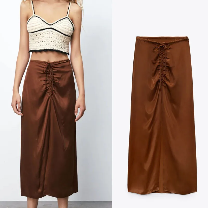 

Summer Woman High Waist Skirt Za 202 Fashion Front Folds Tether Bowknot Design Slit Skirts Women Side Zipper Mid-length Skirt