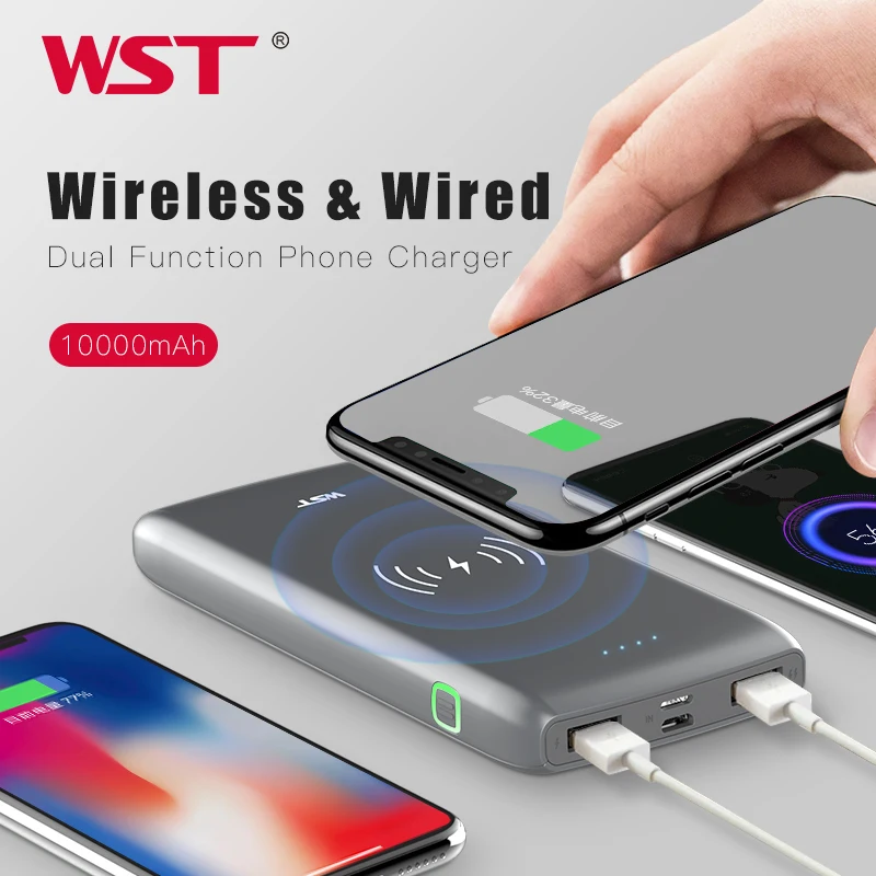 WST, 10000 мА/ч, беспроводное зарядное устройство, внешний аккумулятор Qi, быстрая зарядка, умный внешний аккумулятор, ультра тонкий, Тип C, портативное беспроводное зарядное устройство