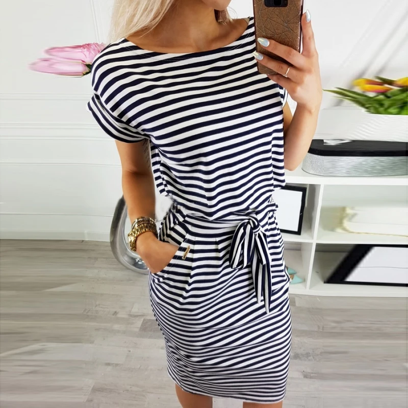 Летнее повседневное женское платье с коротким рукавом и круглым вырезом черное