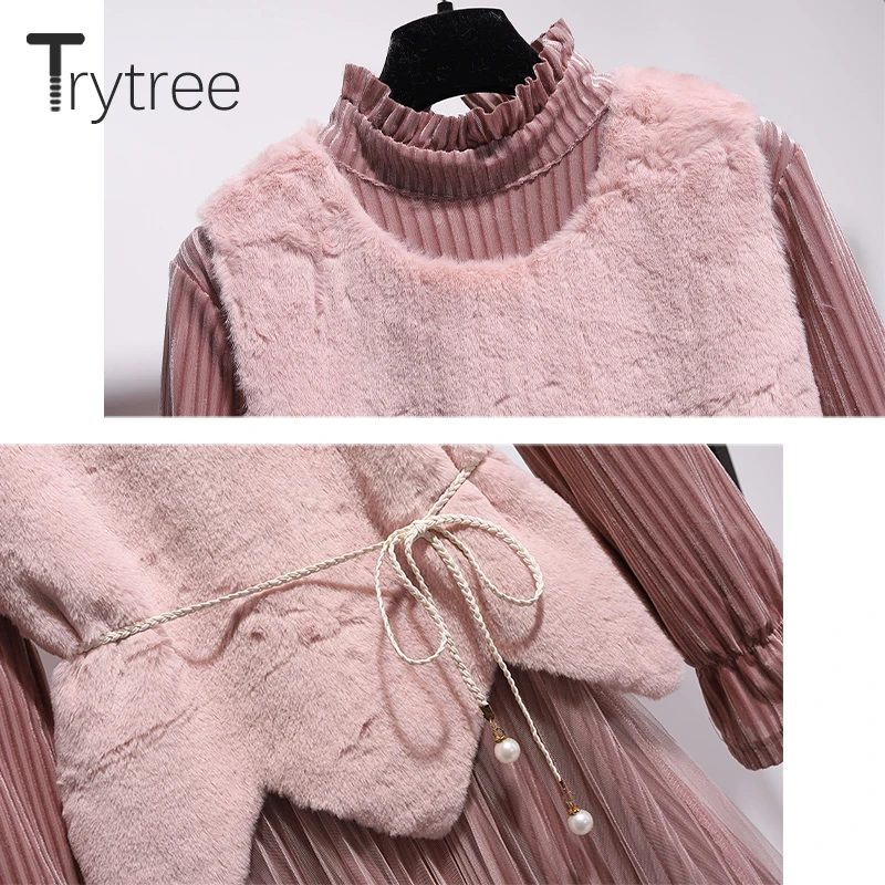 Trytree, осенне-зимний комплект из двух предметов, повседневная водолазка, плиссированное платье с расклешенными рукавами+ жилет с поясом, комплект для офисной леди, комплект из 2 предметов
