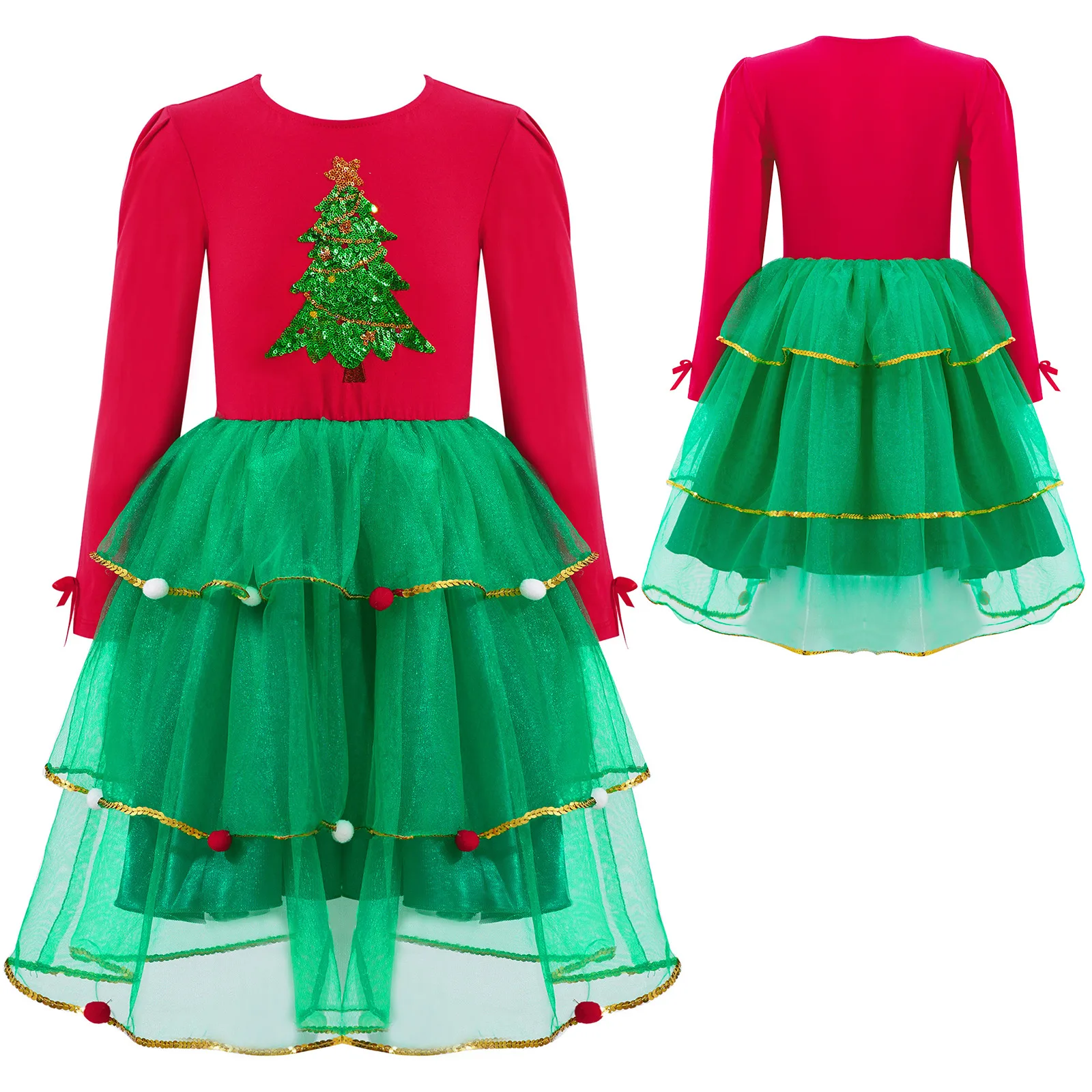 

Christmas New Year Costumes Kids Baby Girls Long Sleeves Sequined Christmas Tree Cosplay Dress Pompoms Adorned Layered Mesh Tutu