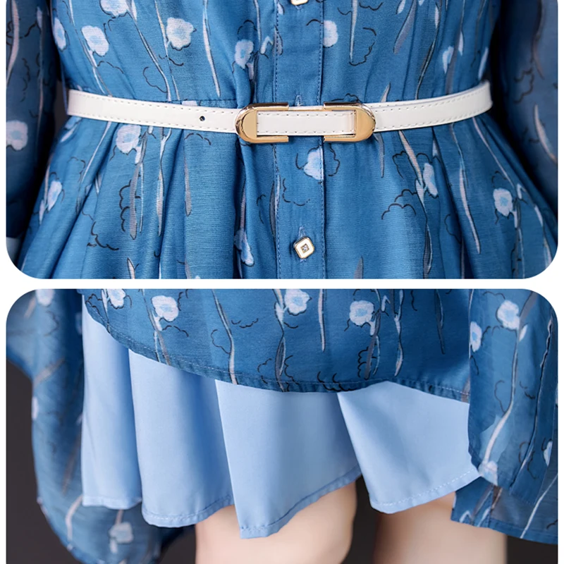

2021 Spring Autumn Blue Print Midi Shirt Dresses Casual Vintage Plus Size Long Sleeve Dress Elegant Bodycon Women Party Vestidos