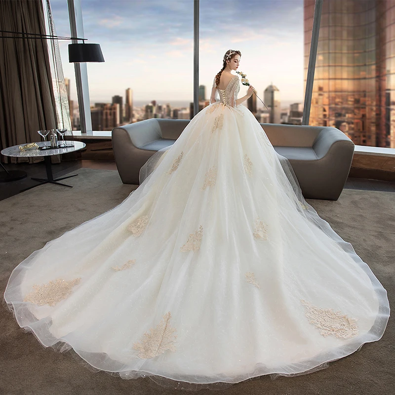 JKM049 Vestido De Noiva элегантное кружевное свадебное платье бальное длиной до пола с