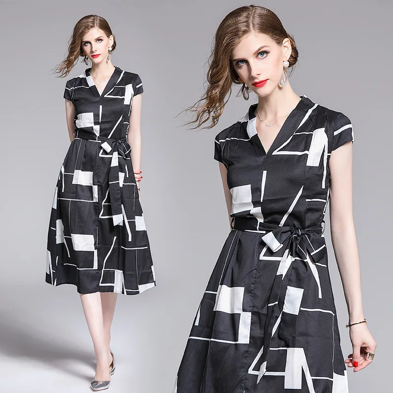 

Summer Luxury Women Dresses High Quality Dress For Women Plaid Maxi Dresses Black Geometric Print Women's Sundress Robe Femme