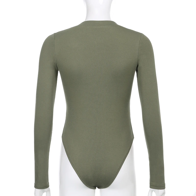 

Rapcopter Green Button Up Bodysuits Long Sleeve Bodycon V Neck Playsuits Skinny Jumpsuits Women Autumn Winter Rompers Streetwear