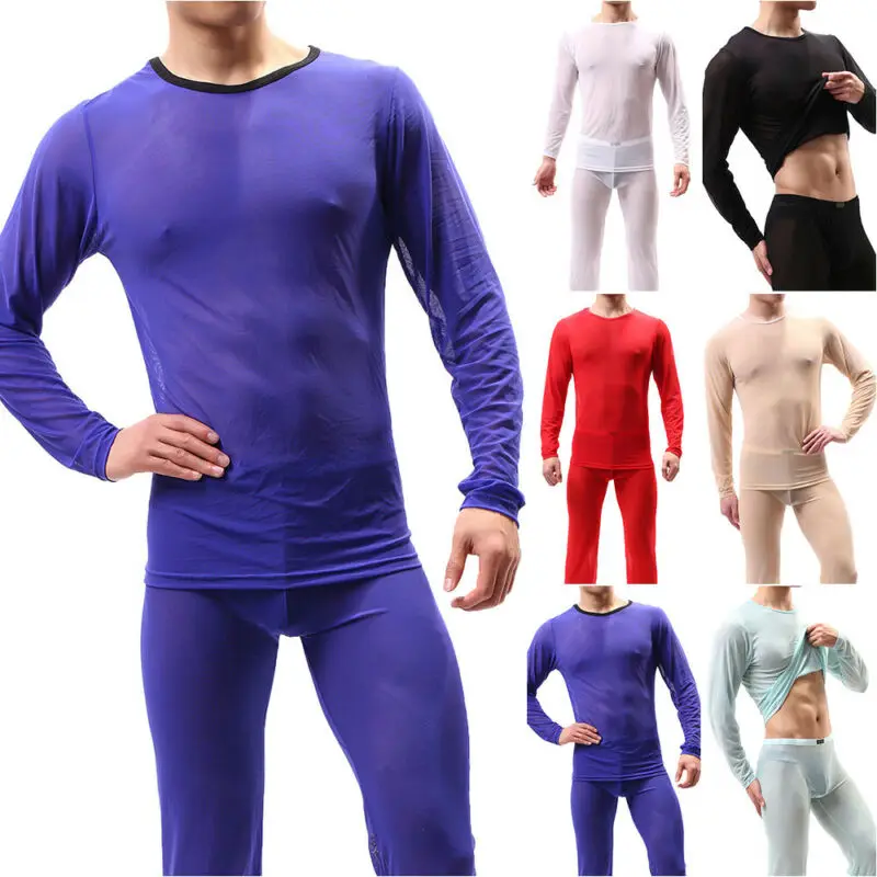 

Men Sexy Mesh See Through Underwear Shirt Top Long Sleeve Nightwear Undershirts