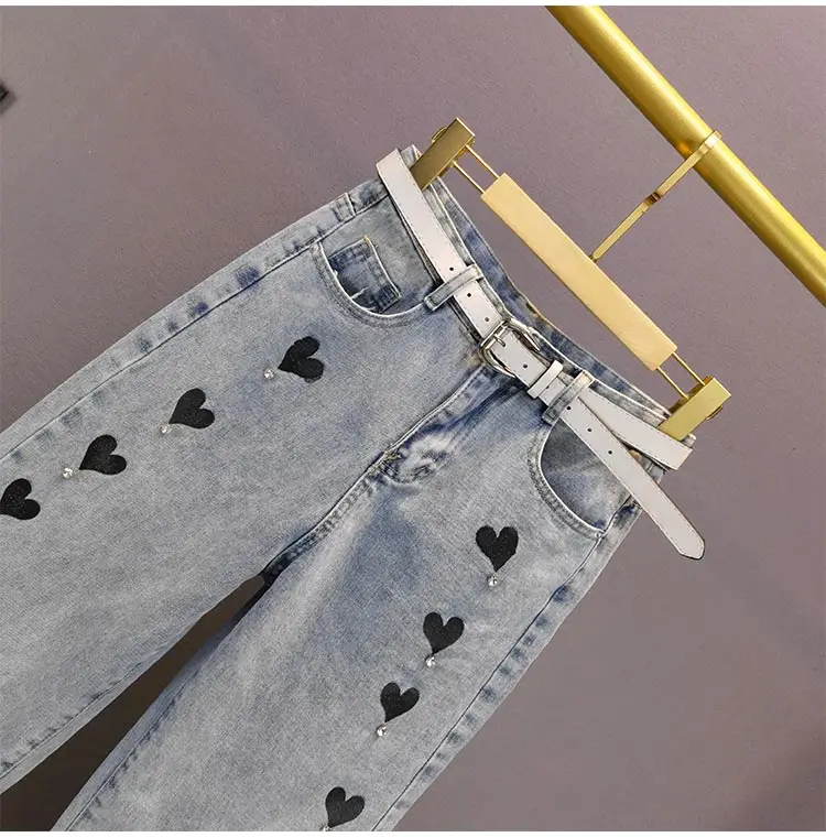 

Printed Heart Shape with Diamond Wide Leg Jeans for Women 2021 Spring New High Waist Pants Loose Slimming Straight-Leg Trousers