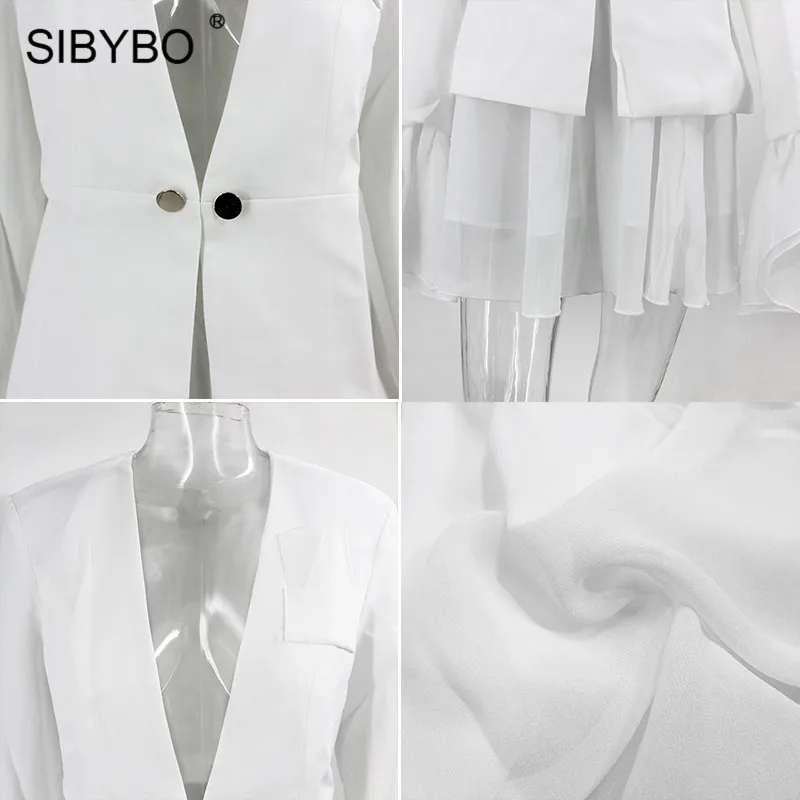 SIBYBO, с расклешенными рукавами, в сеточку, сексуальный комплект из двух предметов, для женщин, с глубоким v-образным вырезом, с оборками, Женский блейзер и юбка, комплект, элегантный, для вечеринки, Женский комплект