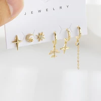 sipengjel 6 pcs fashion cute cz moon star small hoop earrings set korean airplane pendant dangle earrings for women jewelry