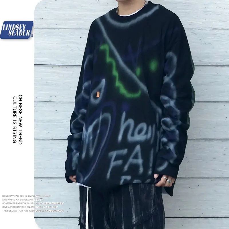 Мужская хлопковая футболка с длинным рукавом черная уличная принтом граффити в