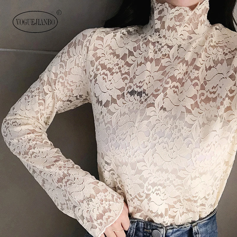 

Spring 2020 new solid lace bottoms long sleeves with sexy lace high collar top ropa mujer blusas bluzki damskie camisas bluzka