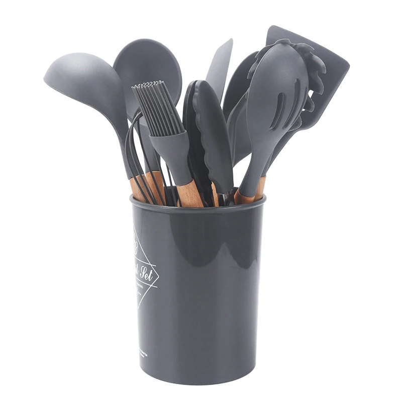 

Силиконовая кухонная посуда, 11 шт., антипригарная сковорода, набор кухонных инструментов, набор кухонной утвари с ведром для хранения, для к...