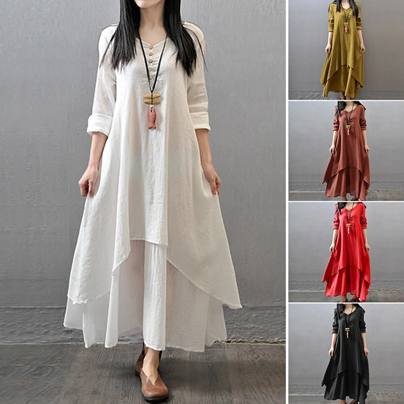 

Literary Large Swing Linen Dress Loose Long-Sleeved Cotton and Linen Skirt