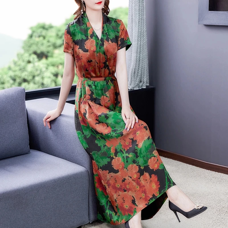

Summer High Quality Floral Mulberry Silk Satin Maxi Dress 2021 Vintage M-3XL Plus Size Midi Dress Women party Elegant Vestidos
