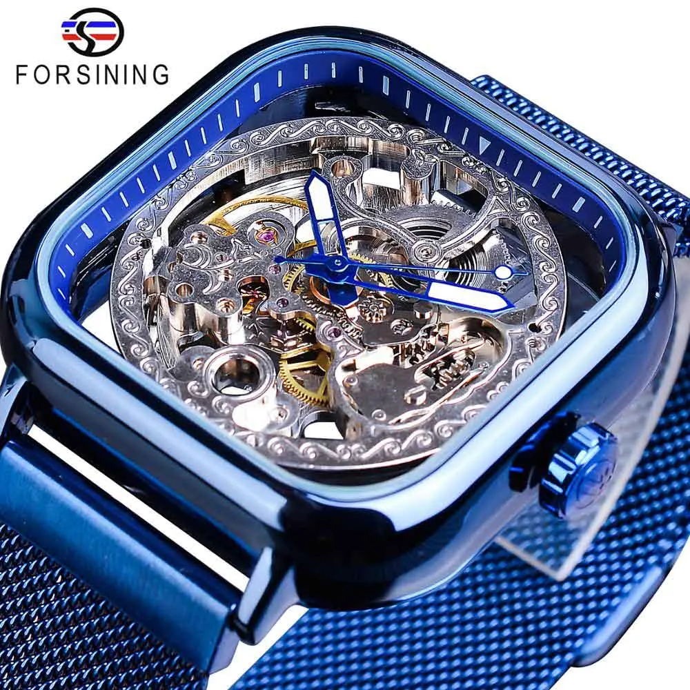 GMT1148-10 Forsining Golden Men Automatic Watch Square Skeleton Mesh Steel Band Mechanical Business Clock Relogio Masculino Erkek Kol Saati - Цвет: GMT1148-10