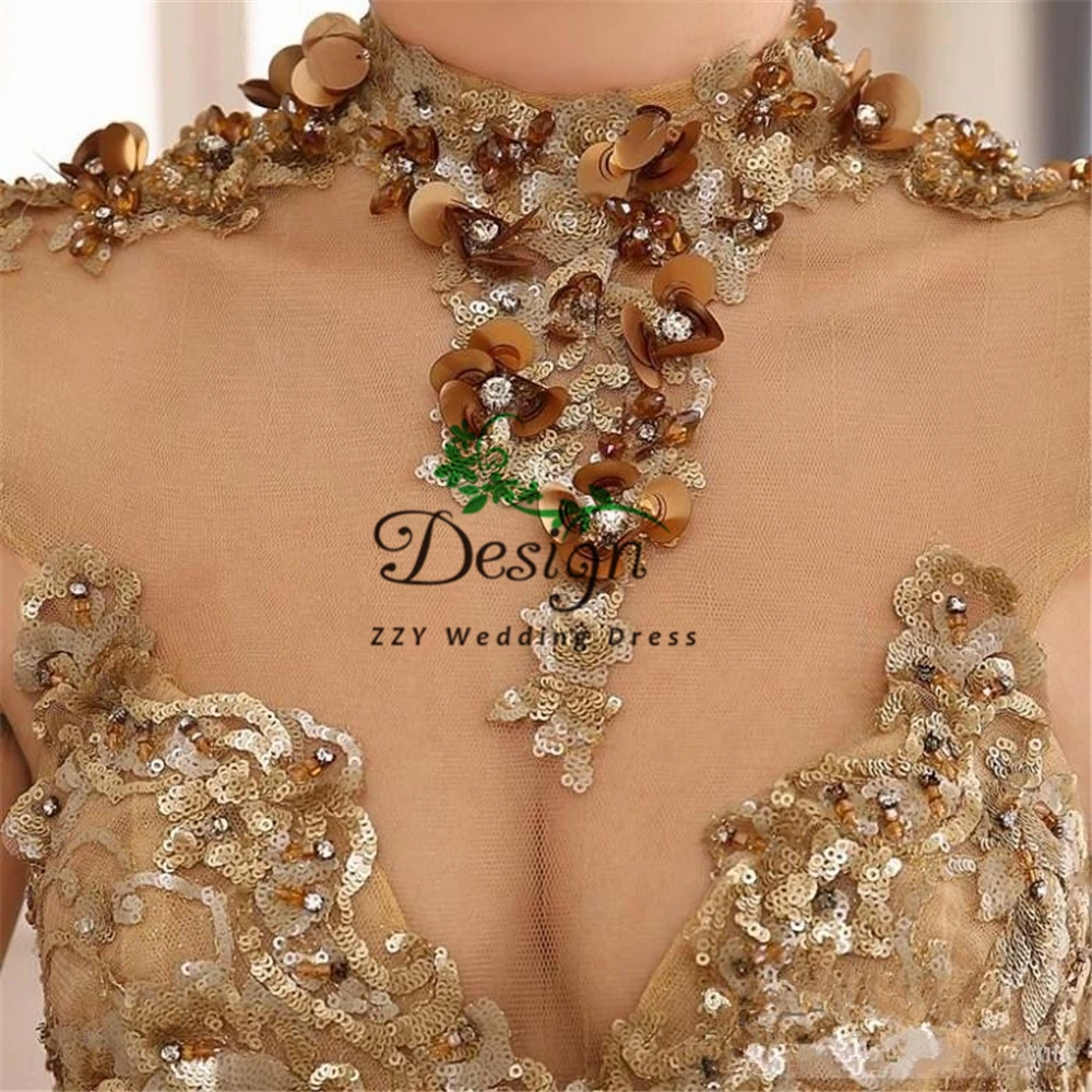 

2019 ChampangeNewest Sexy Mermaid Sheer High Neck Illusion Appliques Sequins Beading Sleeve Applique Beads Cheap Evening Dresses