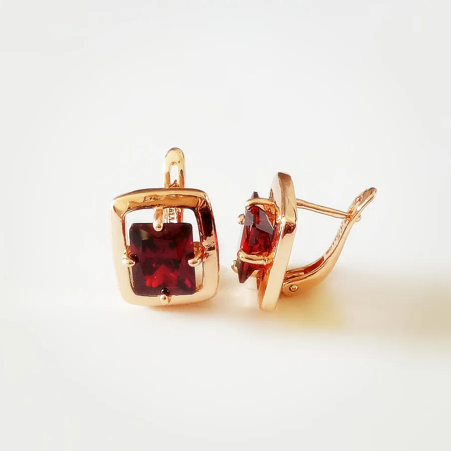 

585 Rose Gold Color Bohemia Earrings Women Brinco New Square Red Cubic Zircon Fashion Jewelry