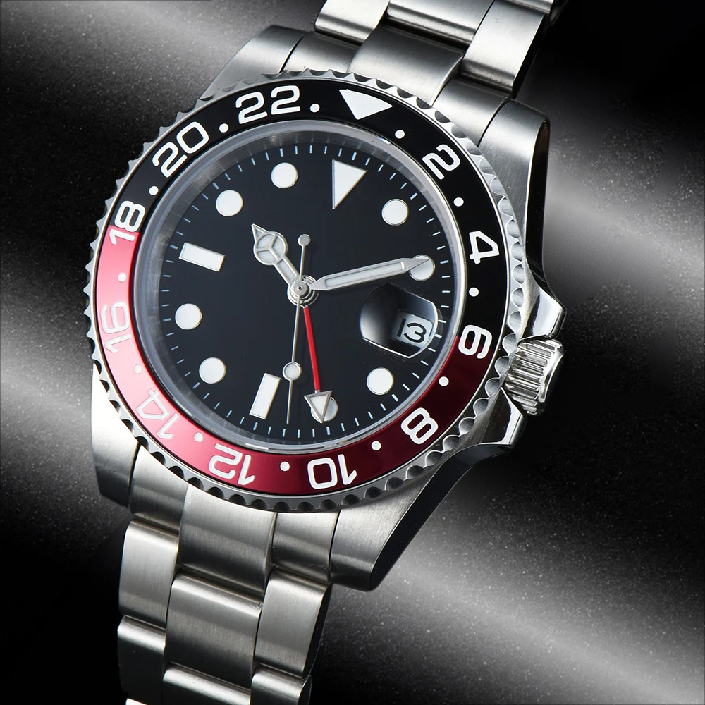 Мужские часы с автоматическим чёрным и красным циферблатом из нержавеющей