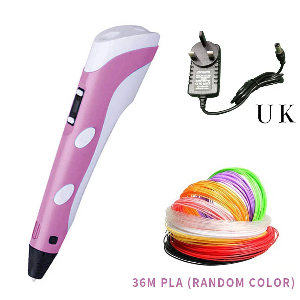 pink 36m UK Креативная 3d-ручка с PLA нитями, регулируемая температура, Нетоксичная ручка для рисования, детские подарки на день рождения, обучающая игрушка - Цвет: pink 36m UK