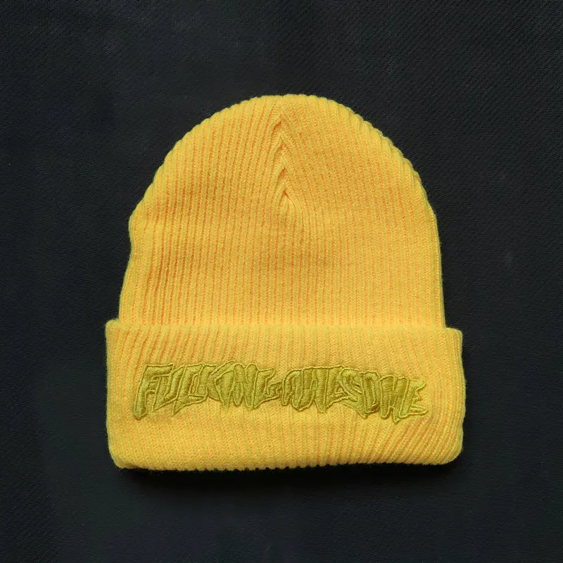 Yellow Fxxking Awesome Beanie Winter Hats For Women Ladies Men Acrylic Cap Billie Eilish Bonnet Autumn Knitted Hip hop Embroidery Skull - Цвет: Yellow