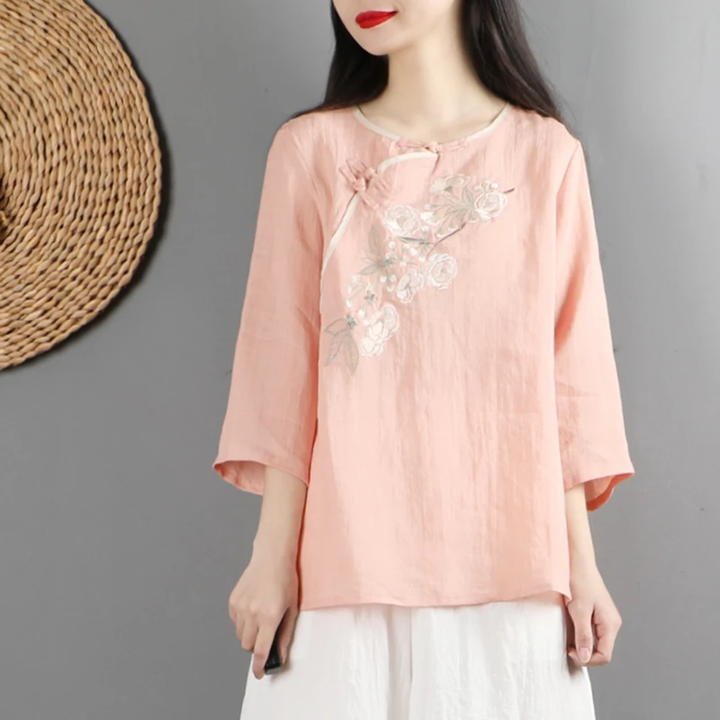 Рубашка с цветочной вышивкой в китайском стиле высокое качество Mujer топы рукавом