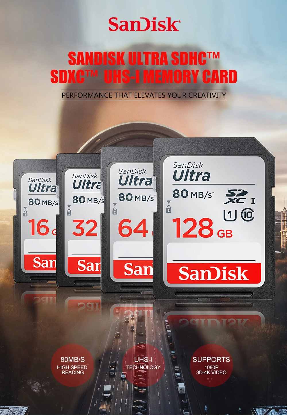 Двойной Флеш-накопитель SanDisk SD карты Ультра Макс 80 МБ/с. чтения Скорость 64 Гб 128 ГБ оперативной памяти, 16 Гб встроенной памяти, 32 ГБ, класс скорости 10 карт памяти UHS-I SDHC/SDXC Для Камера видео