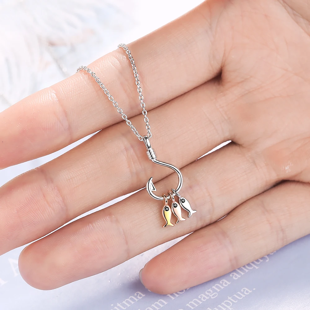 

POPACC 925 Sterling Silver Necklace For Women Cute Fish and Fish Hook Necklace Chain Jewelry