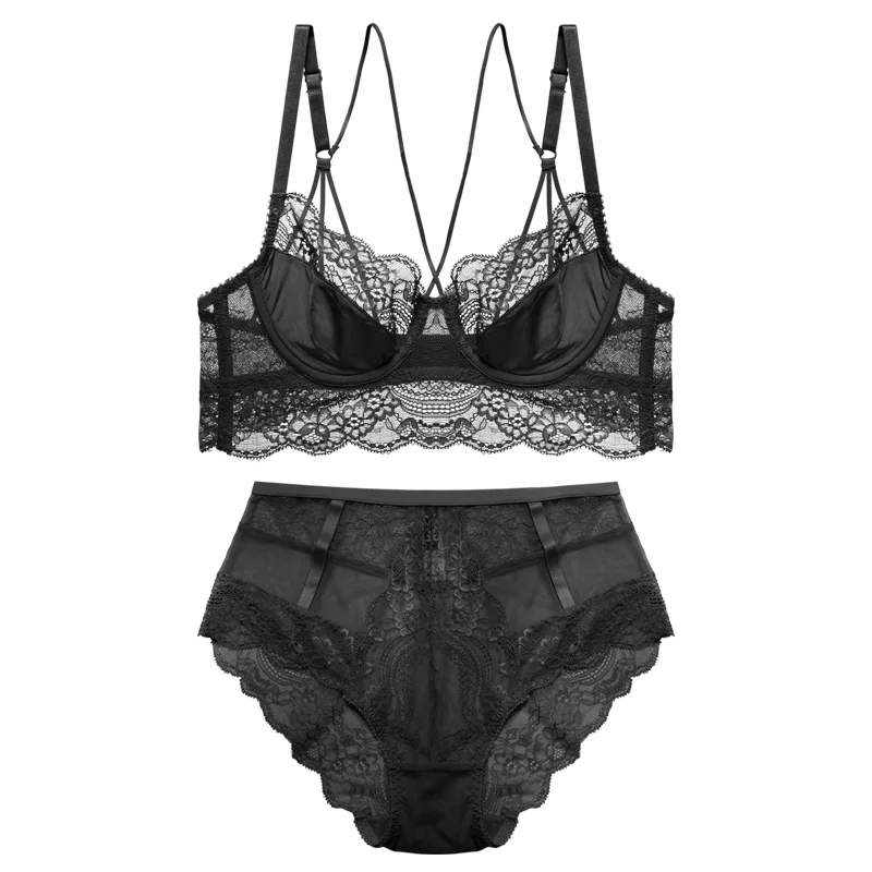 Black Bra Set Ультратонкий Женский комплект с бюстгальтером, пуш-ап, сексуальный бюстгальтер с ремешками, кружевная отделка, на косточках, без подкладки, с высокой посадкой, трусики, нижнее белье для женщин - Цвет: Black Bra Set