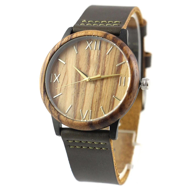 Dropshipping Casual Dress Fashion Women Water Proof Black Alloy Case Brown Strap Female Ladies Zebra Wood Wrist Watch