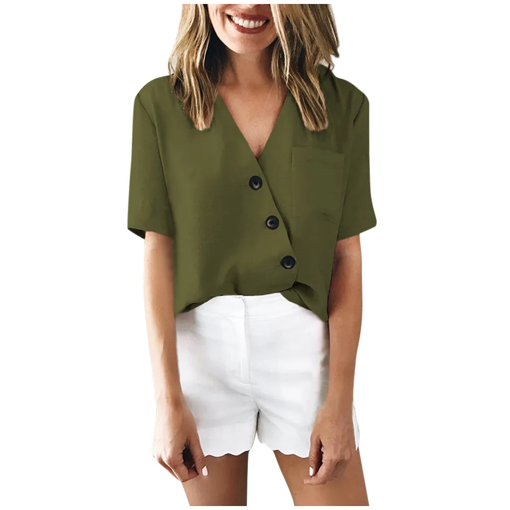 Женская Повседневная Туника на пуговицах с коротким рукавом и V-образным вырезом