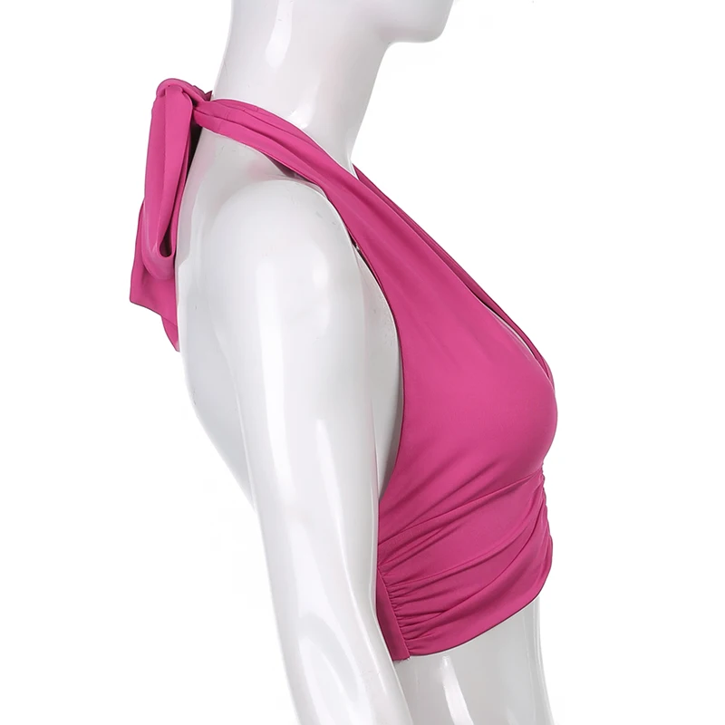 

Runched Y2k Halter Crop Top For Girls Summer Sleeveless Sexy Women 2021Solid Deep V Neck Pink Party Shirt Tee Vest Beachwear