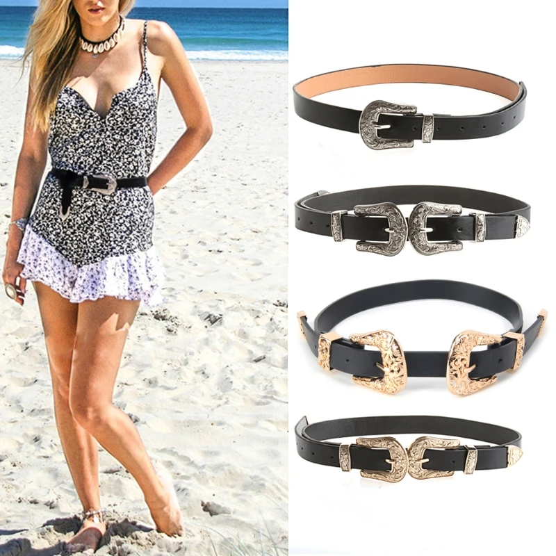 

Women Lady Fashion Adjustable Punk Metalic Waistband Waist Belt Double Buckle
