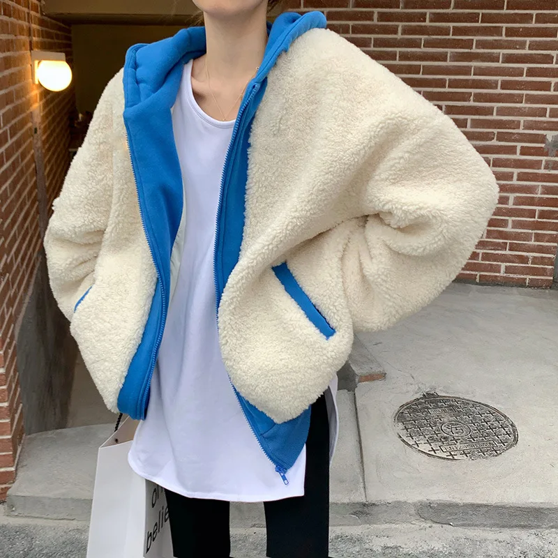 

Winter Jacket Women 2020 New Hooded Faux Lamb Fur Jacket Warm Thick Fashion Loose Plush Ladies Coat Faux Fur Coat Teddy Jacket