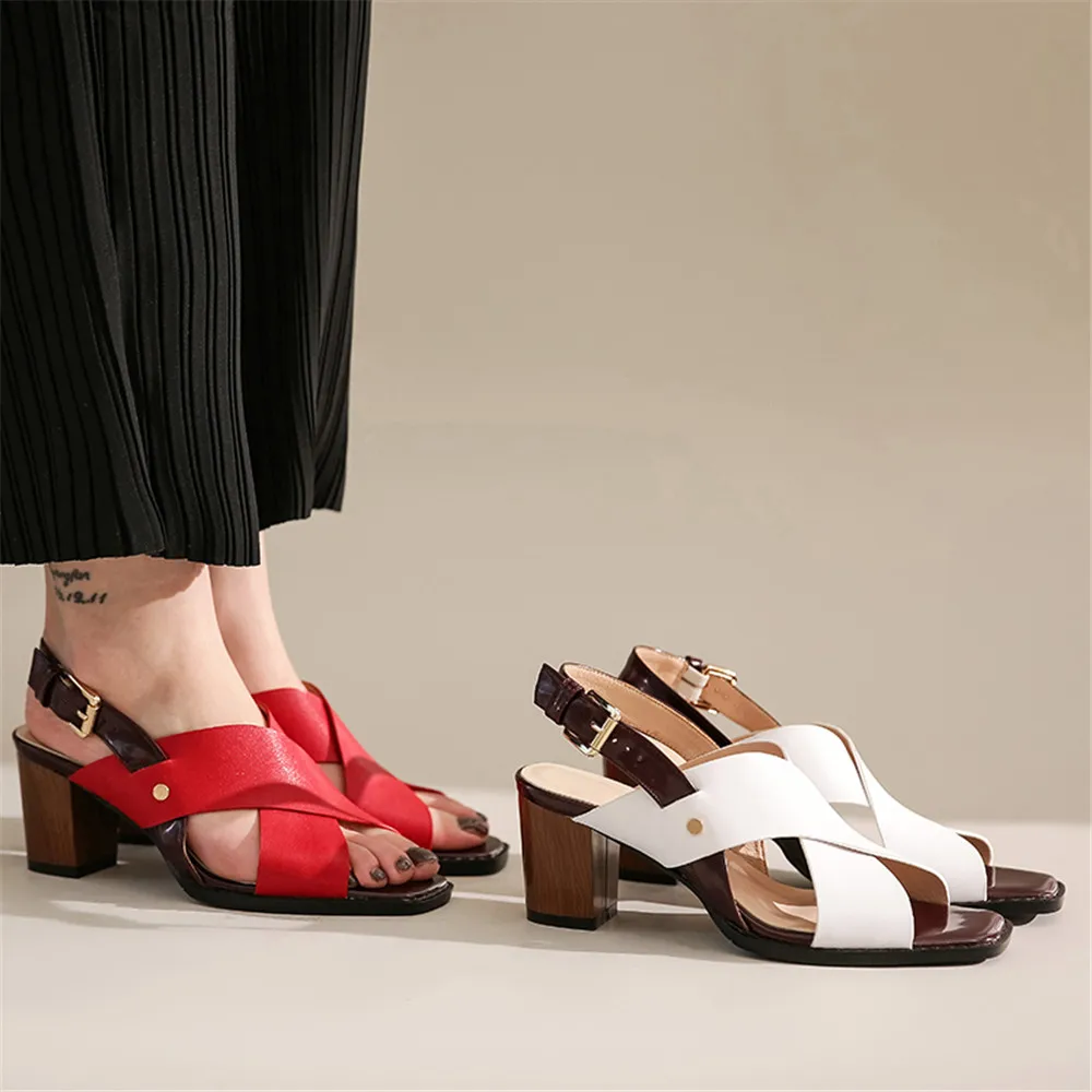 

Drestrive Women Sandals Full Genuine Leather Buckle Square Toe Thick Heels 6 cm 2020 Summer Fashion High Heel Shoes Cow Leather