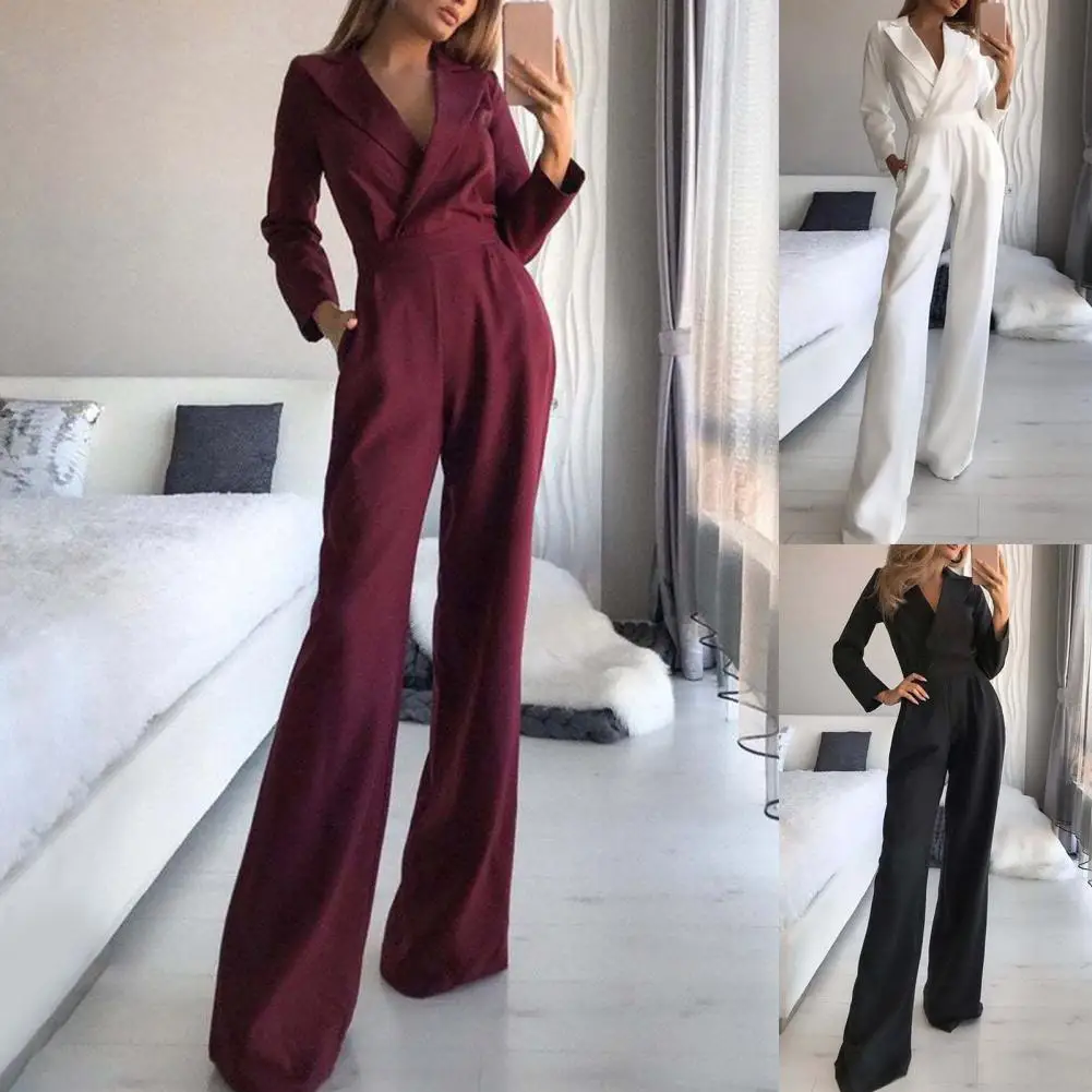 

Women Popular Long Sleeve Lapel Jumpsuit Elegant Office Lady Jumpsuit Solid Color for Office
