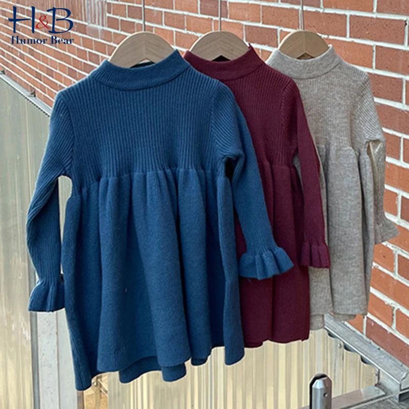 

Humor Bear Girls Knitted Sweatr Autumn New Ruffle Long Sleeve Solid Color Princess Dress Warm Toddler Kids Clothes