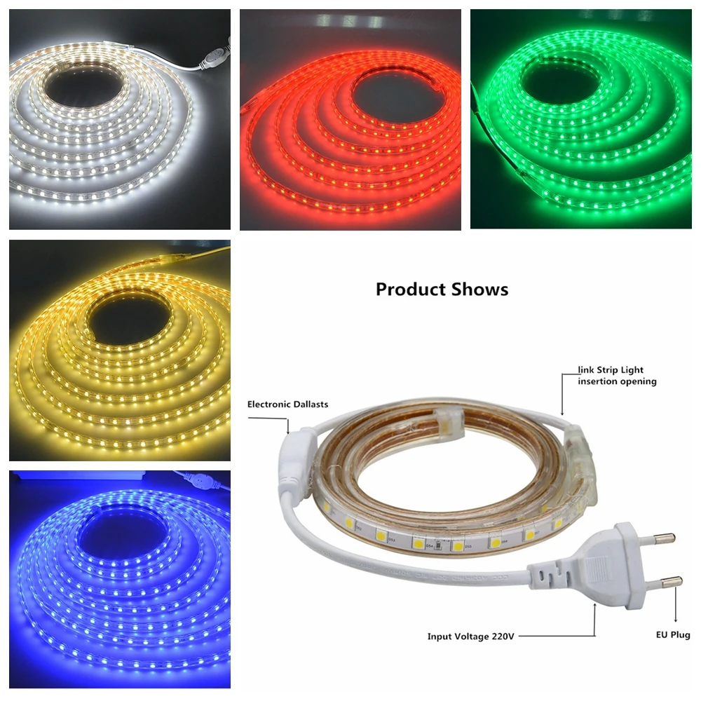 AC220V SMD 5050 Светодиодные ленты гибкий светильник 60 светодиодный s/M Водонепроницаемый светодиодный лента светодиодный светильник с Мощность штекер Адаптер длиной 1 м/2 м/5 м/8 м/10 м/15 м/20 м/ 50 м/100 м
