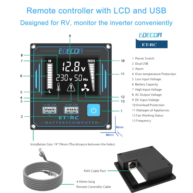 EDECOA pure sine wave DC 12V to AC 220V 230V 2500W power inverter with 5V 2.1A USB remote control LCD display 2