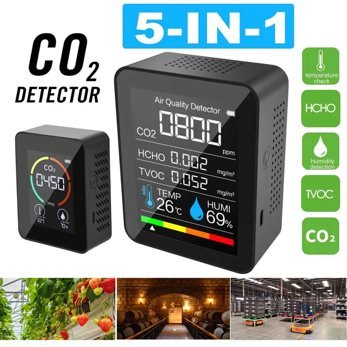 

5 in 1Portable Carbon Dioxide TVOC HCHO Detector Digital Temperature Humidity Sensor Tester Formaldehyde Detector