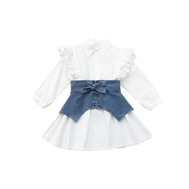 

Girls' tops 2021 spring new girl ruffled shirt dress denim girdle shirt dress