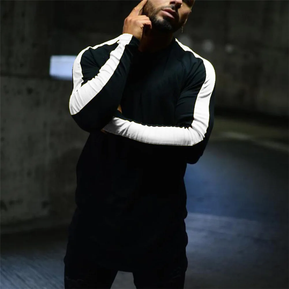 

2021 Spring New Men's Clothing Europe And America Men's Slim Personality Color Matching Pullover Casual Long Sleeve T-Shirt