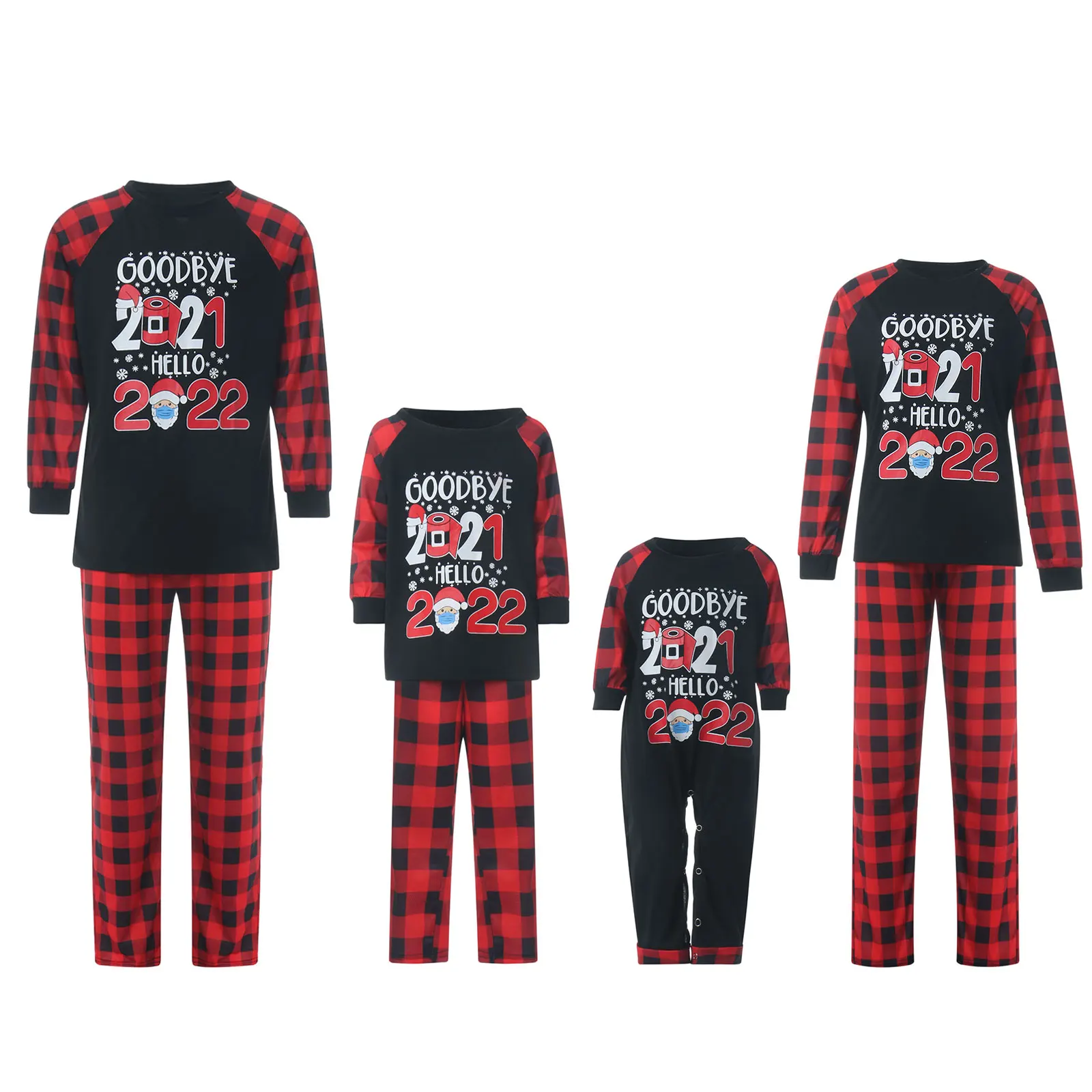 Combhasaki Christmas Parent-child Nightwear Set Romper Autumn Polyester Red Long Sleeve Plaid Printed Pattern Tops and Pants Set