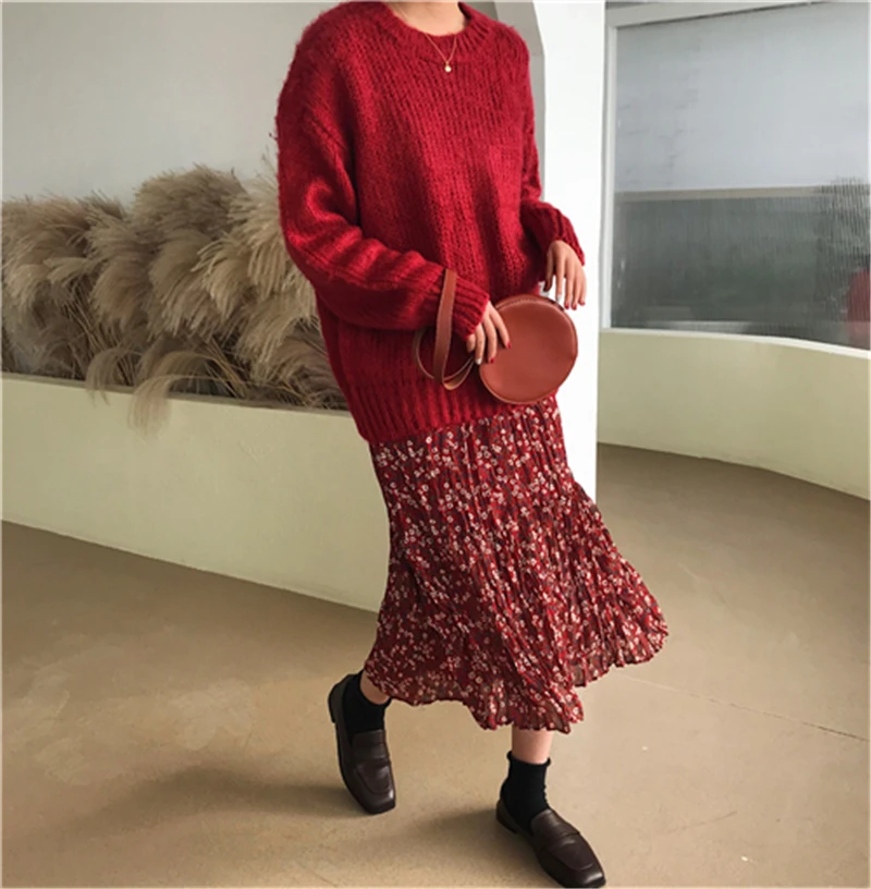 2019 осень и зима корейский стиль сплошной цвет красный трикотажные свитера