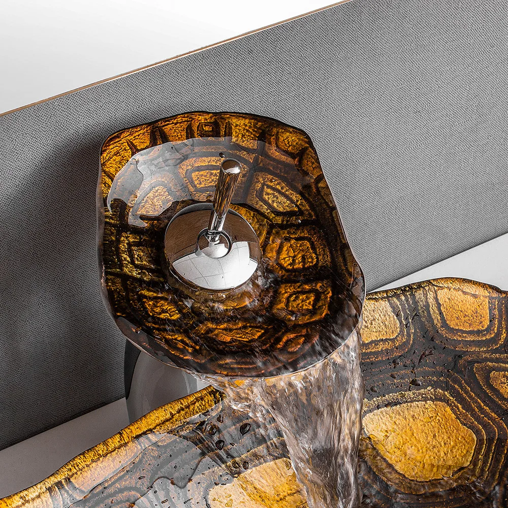 Смеситель для раковины в ванную комнату кран из закаленного стекла с рисунком