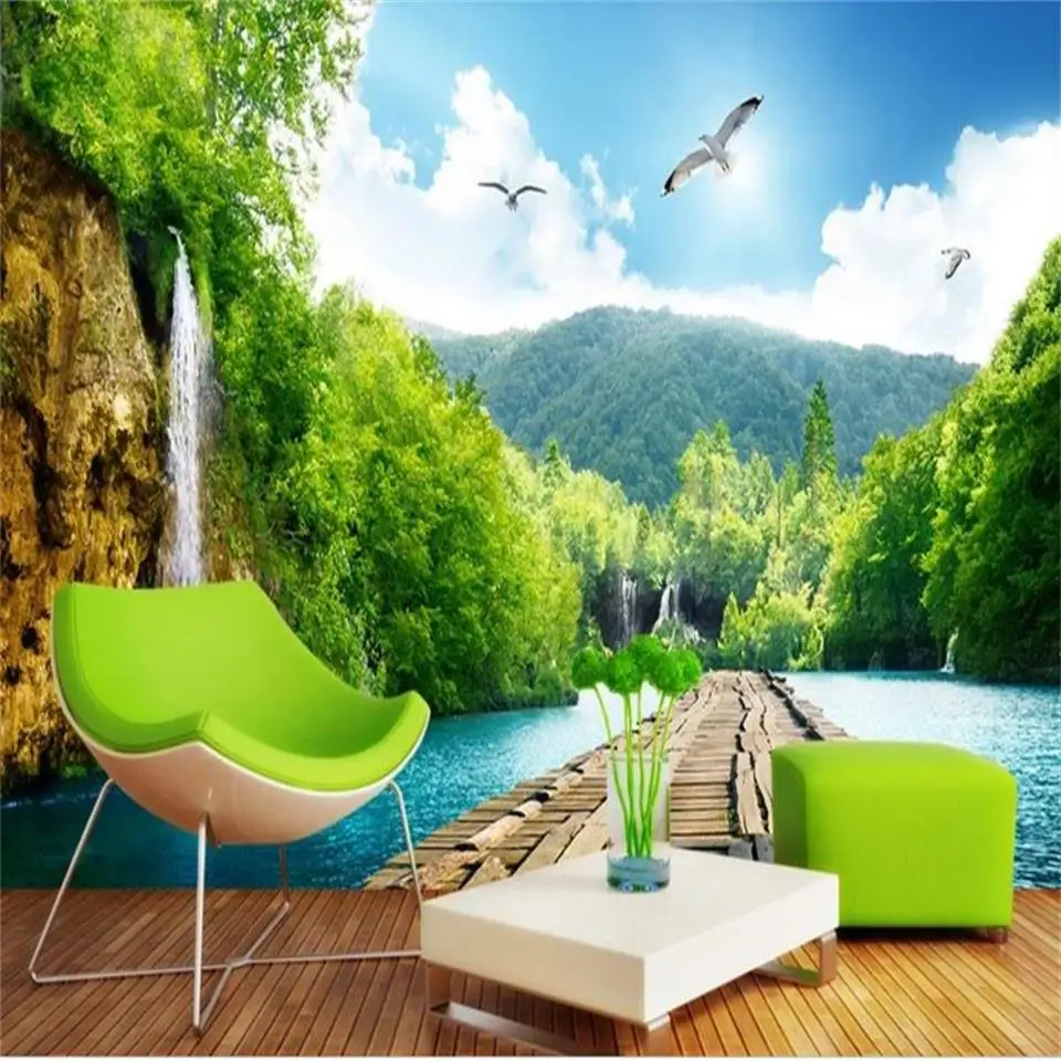 

Пользовательские 3D фото обои роспись комната Диван ТВ фон роспись Гостиная водопад деревянный мост пейзаж 3d картина обои