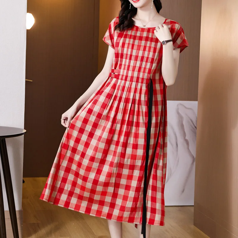 

COIGARSAM Women Long Dress Spring Summer 2021 New Fashion Office Lady Plaid Print Short Sleeve O-Neck Dresses Traf Vestidos Robe