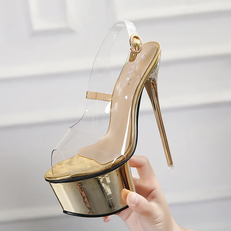 Sexy 16cm PVC summer sandals women fashion peep toe transparent platform party dress shoes black gold size 35-40 | Обувь