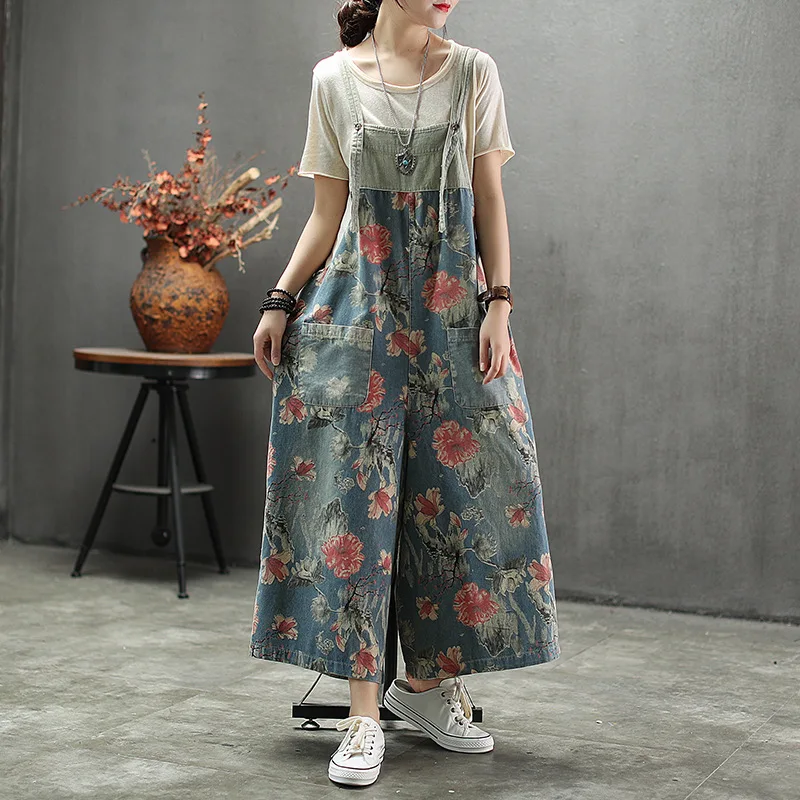 NINI WONDERLAND осенние новые джинсы с цветочным принтом женские джинсовые комбинезоны